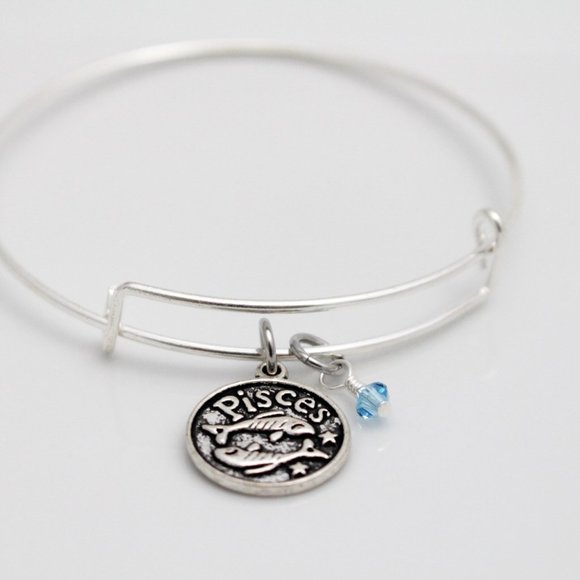 March Pisces Adjustable Charm Bangle - Handmade Zodiac Bracelet - Picture 6 of 11